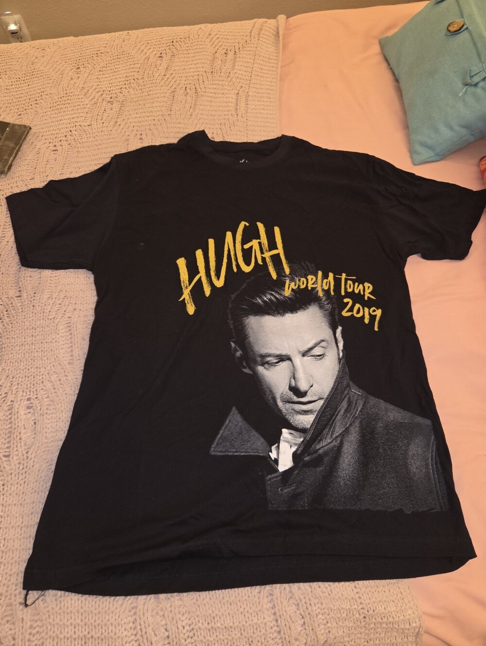 Hugh World Tour Band Tee Black Graphic Crewneck T-Shirt with Yellow Tour Print